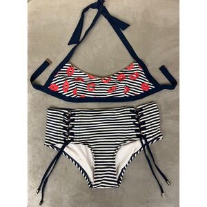Marc by Marc Jacobs Bikini Set XS Navy Stripe Red Lips High Waist LaceUp 2 Piece
